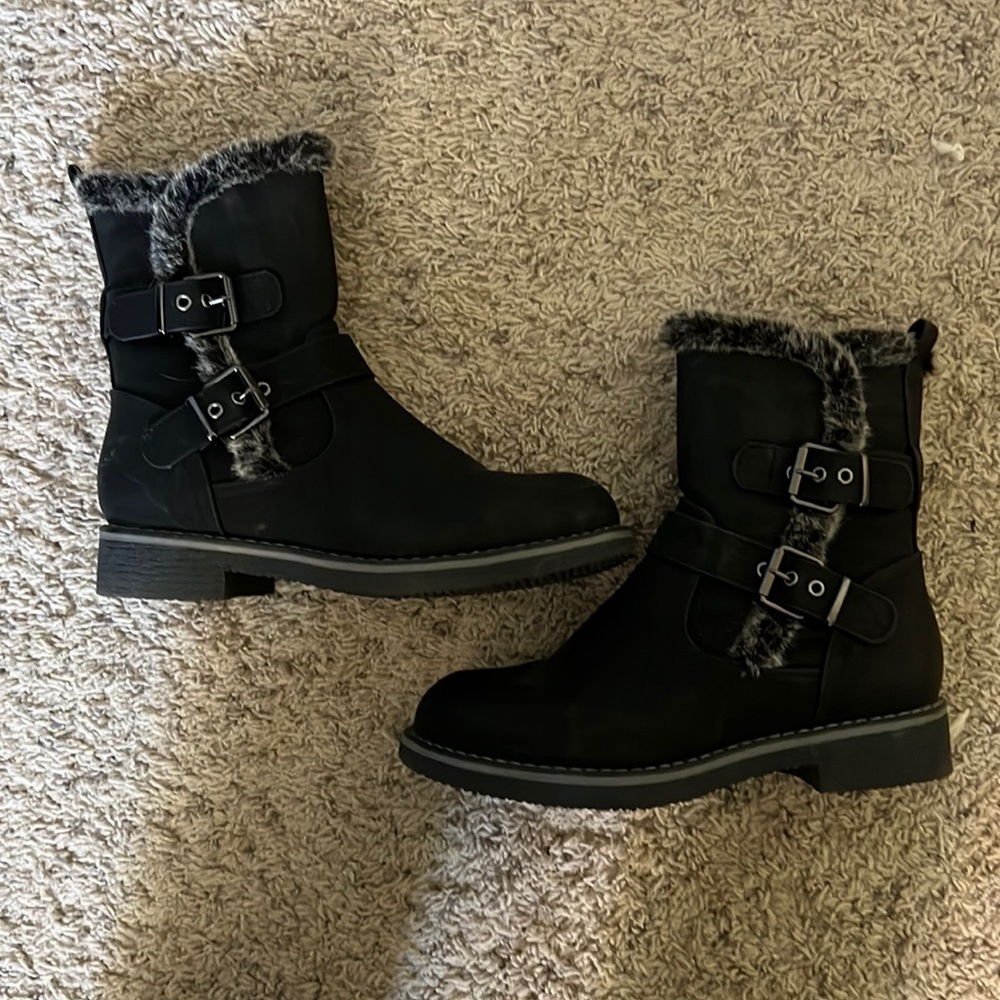 Short Faux Leather Boots with Faux Fur and Buckles